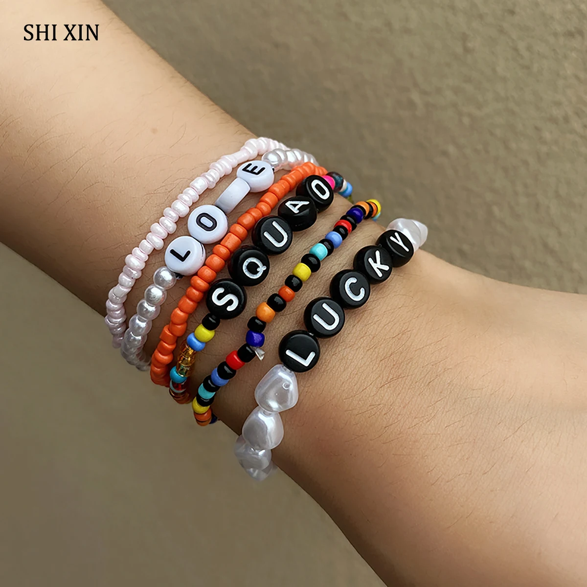 

SHIXIN 6 Pcs Boho Colorful Small Beads Bracelets Set for Women Love Letter Pearl Bracelets Girls 2020 Fashion Hand Chain Jewelry