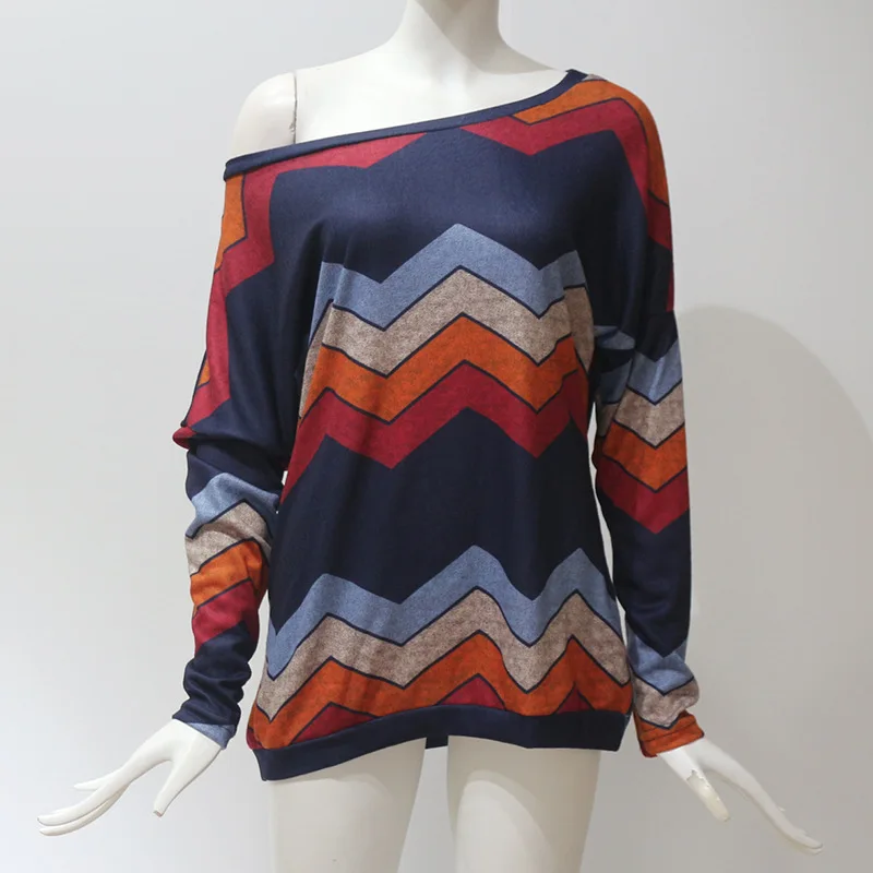 

Women Striped Print Pullover One Shoulder Sweatshirts Sexy Long Sleeve Slash Neck Female Autumn Spring Loose Hoodies Fall Tops