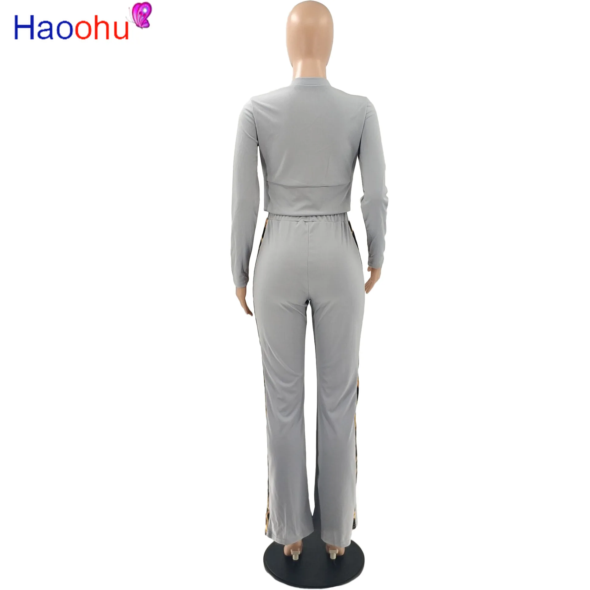 

HAOOHU Sportwear Leopard Patchwork Sweatsuit Women's Set Jacket +straight Pants Set Active Tracksuit Two Piece Fitness Outfit