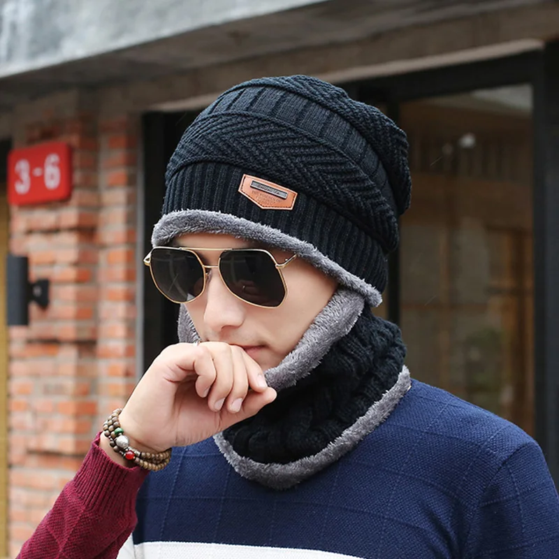 Knitted Hat Neck Collar Warm Suit Fur Wool Lining Thick Knit Beanies Balaclava Winter For men women Cap Skullies Bonnet | Детская одежда