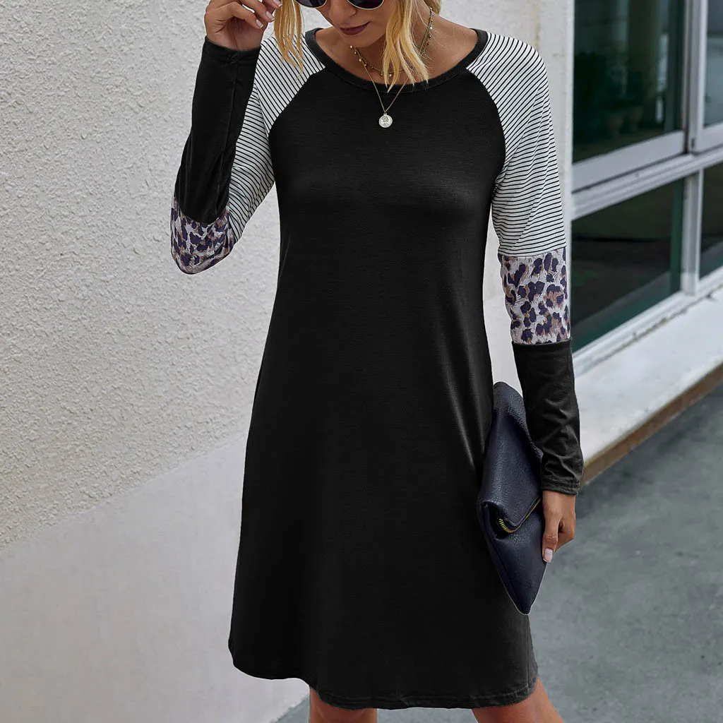 Женское платье в полоску с длинным рукавом и карманами до колена|Женские платья| |