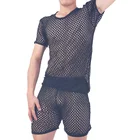 Мужская сетчатая Прозрачная Футболка, Сексуальная футболка с коротким рукавом для ночного клуба, мужская вечерние личная одежда для выступлений (только топ)