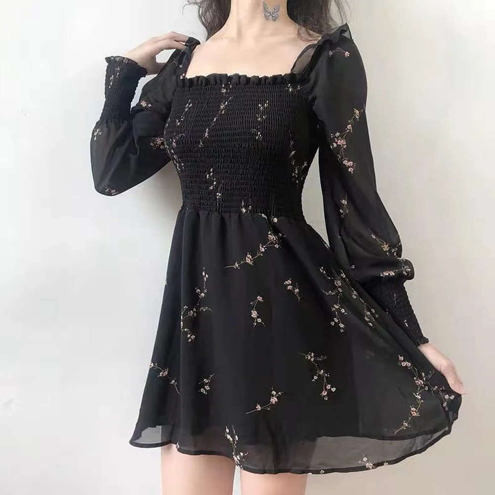 

O-Neck Black Floral Vintage Dress Women Long Sleeve Ruffle Mini Dresses for Women Party Casual Daily Clothes Korean Fashion