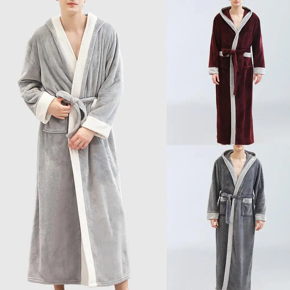 Flannel Pocket Sleepwear Men Autumn Winter Long Sleeve Maxi Bathrobe Pockets Hooded Sleepwear
