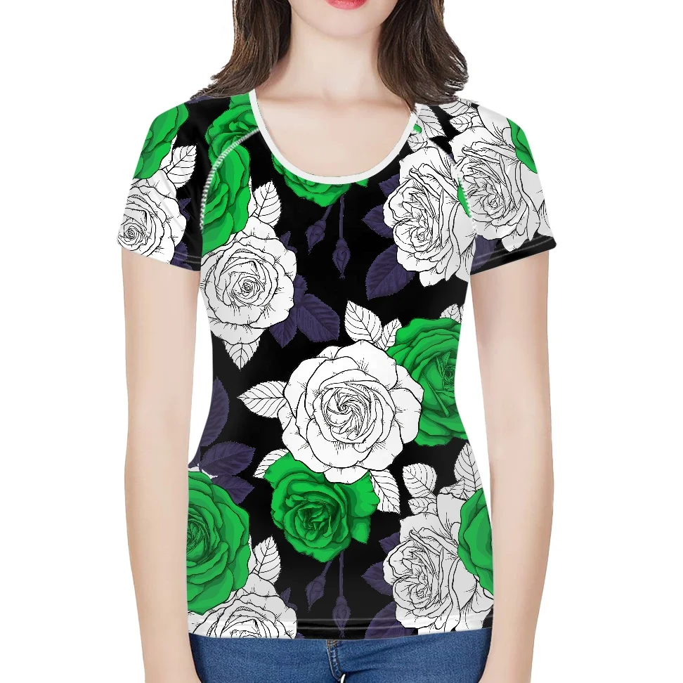 

Summer T-shirt Ladies Green And White Rose Design Breathable And Comfortable Top Printed Custom O Neck Short Sleeve T-shirt