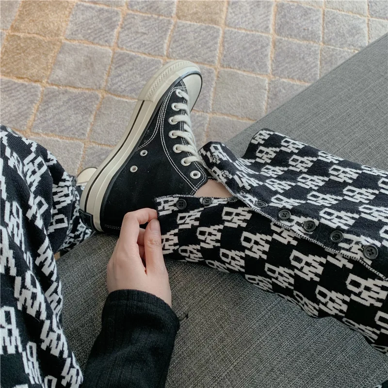 

2021 Fall Y2k Trouser Early Spring New Korean High Waist Pants Black White Letters Loose Casual Split Straight Wide Leg Pants