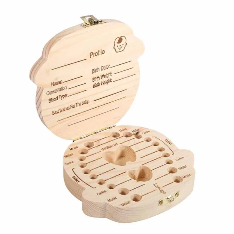 

Tooth Box Portugal English dutch Spanish Russian French GermanText Baby Boy Girl Wood Case Save Milk Teeth Organizer Holder