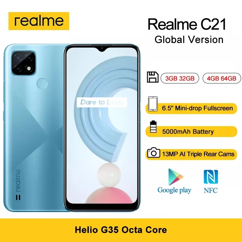 

realme C21 Smartphone 3GB/32GB 4GB/64GB Helio G35 Octa Core 6.5" Display 5000mAh Battery 3-Card Slot 13MP Triple Cameras Phones