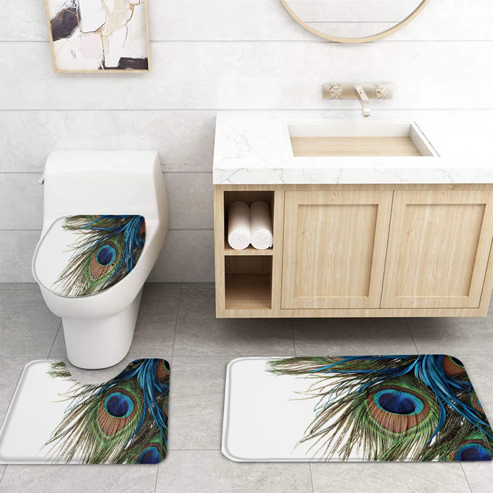 С принтом павлиньи перья Белая Ванная комната Шторы комплект набор ковриков для