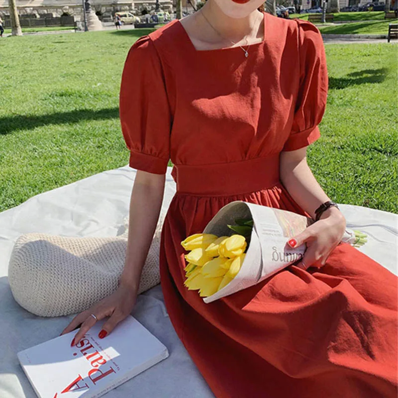 

Sexy Square Collar Cotton Dress Women 2020 Summer Fashion Puff Sleeve Elegant Korean Linen Midi Dresses Vintage High Waist Dress