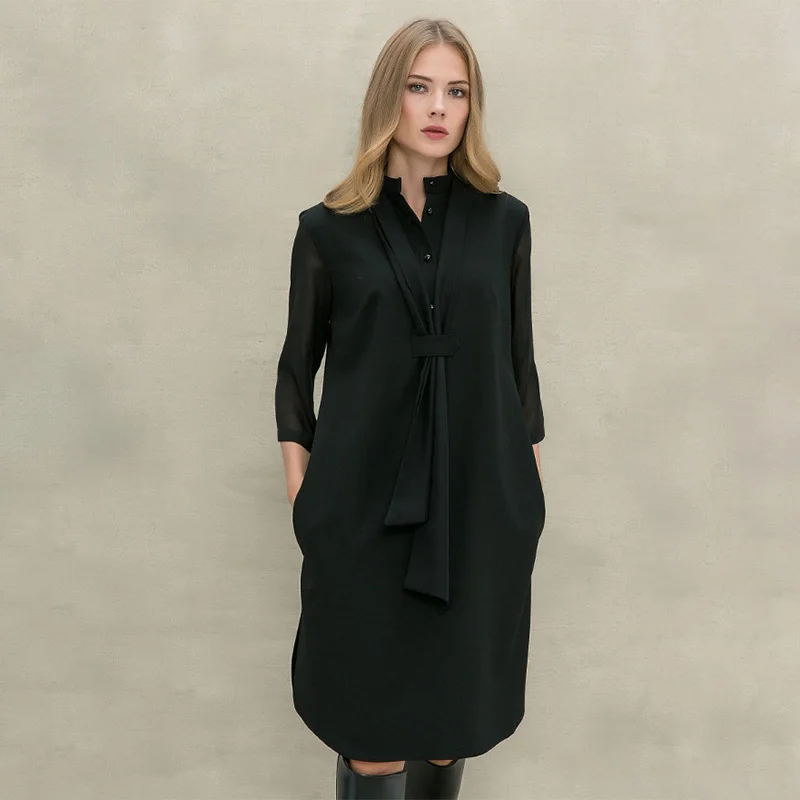 Женское винтажное вечернее платье с бантом спереди пуговицах однотонное