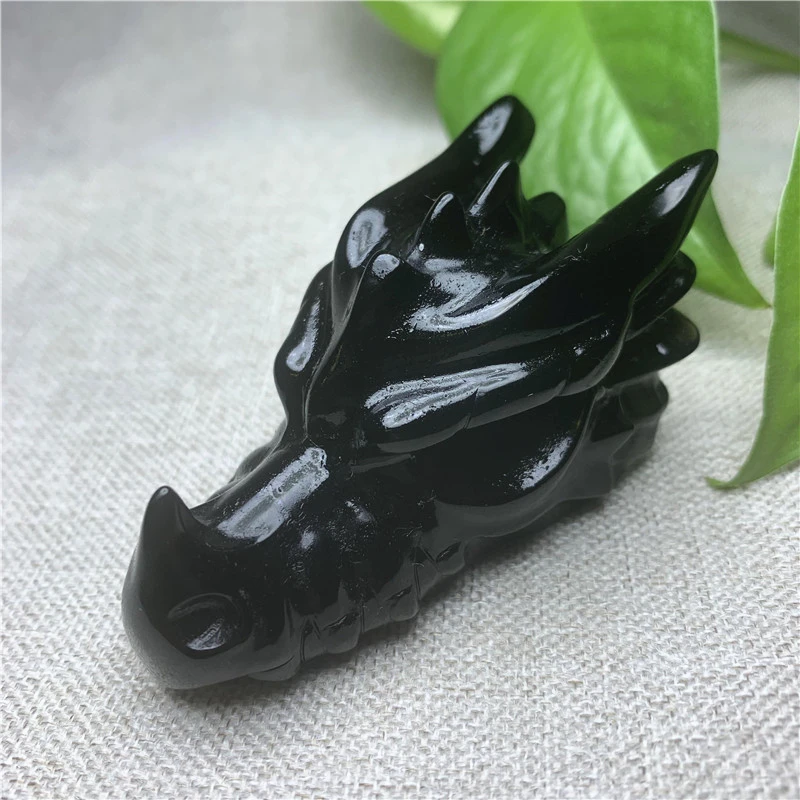 

8cm Natural Black Obsidian Crystal Dragon Head Skull Hand Carved Polished Gemstone Home Decoration Collection Gift