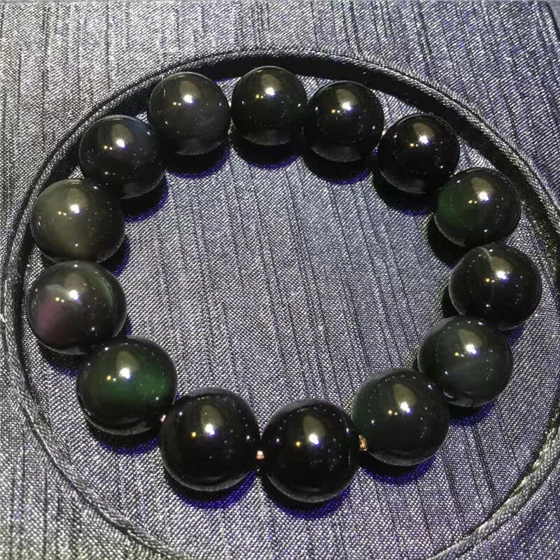 

16mm 100% Natural Rainbow Black Obsidian Gemstone Round Beads Stretch Bracelet