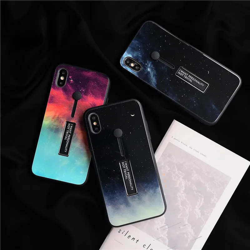 Case for IPhone 7 X XR 8 6S XS 6 Fashion Hidden Stand Starry Sky Loop Ring Cases Iphone Plus Glass Mirror |