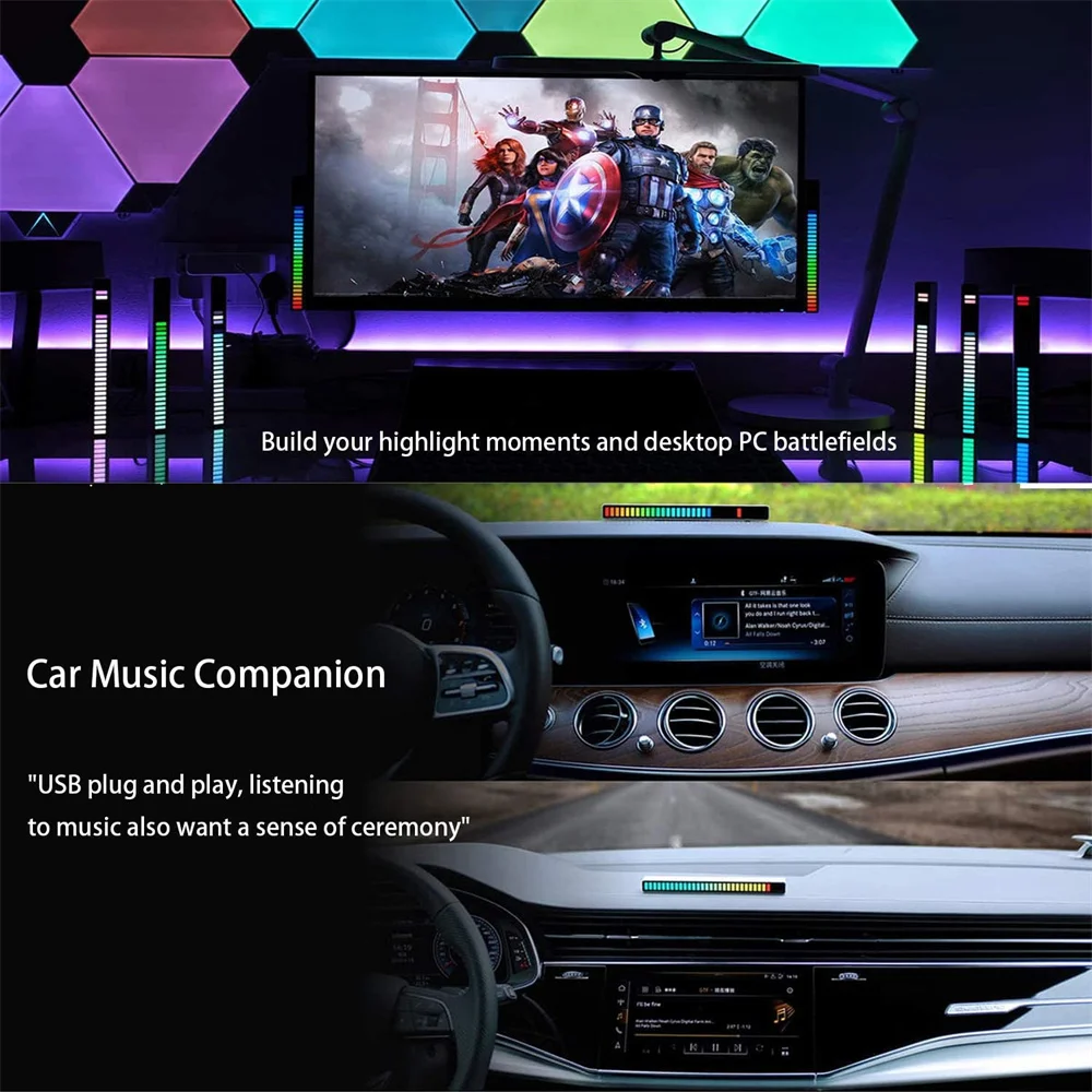 

Auto RGB Music Sound Control LED Level Light Bar Novelty Rhythm Lamp PC Desktop Setup Backlight Car Vehicle Atmosphere Light