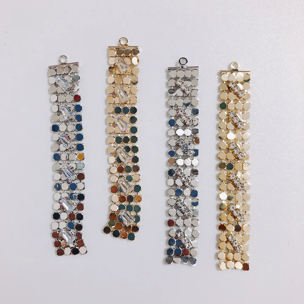 

2PCs Pendants Tassel For DIY Earrings Zinc Based Alloy Silver Color Rectangle Clear Rhinestone Club Accessory 10.5cm x 6.7cm