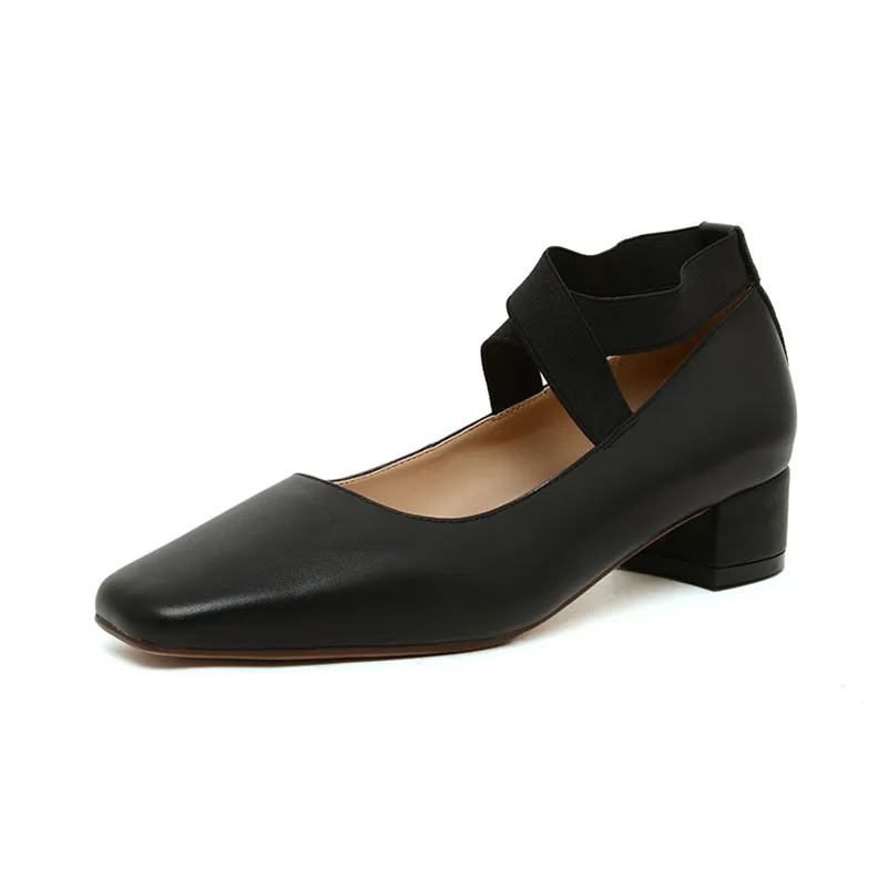 

ANNYMOLI Woman Shoes Natural Genuine Leather Med Heels Thick Heel Ladies Pumps Dress Square Toe Female Footwear Black Beige 39