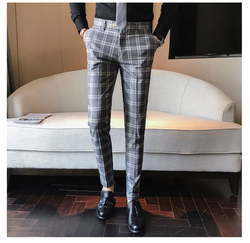 Серый синий мужской Клетчатый костюм брюки Slim Fit лодыжки костюм брюки для мужчин классическое деловое офисное платье формальный клетчатый костюм брюки P13