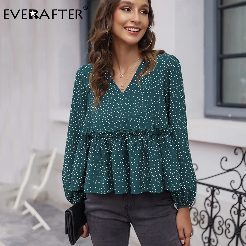 

EVERAFTER Осенняя блузка с v-образным вырезом и оборками, женская рубашка с рукавом-фонариком, женская блузка, Элегантная блузка для отдыха