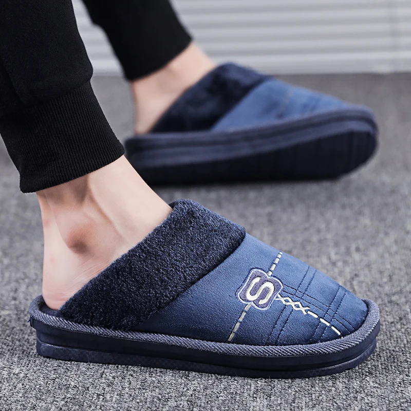 Зимняя хлопковая обувь; мужские тапочки; теплые мужские домашние тапочки; плюшевые домашние туфли на платформе; мягкая мужская обувь из флока
