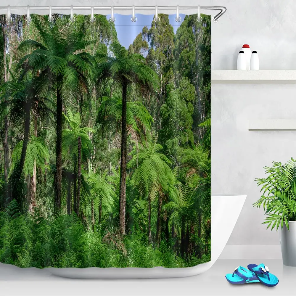 

72'' Tropical Dense Green Jungle Bathroom Fabric Shower Curtain Liner Waterproof Polyester Curtain Accessory Sets with 12 Hooks