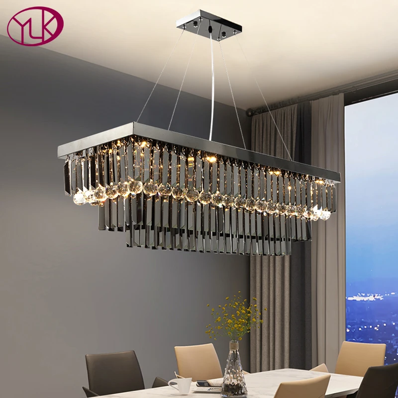 

YOULAIKE Modern crystal chandelier for dining room luxury rectangle hanging smoke gray crystals lamp island led cristal lustre