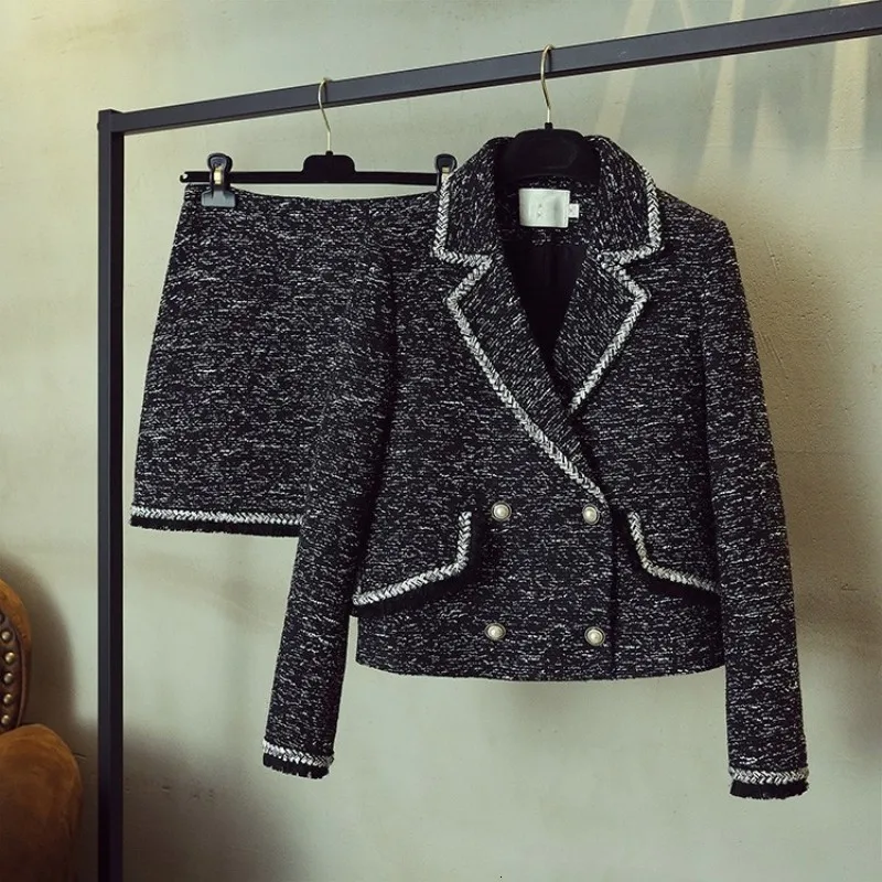 

Spring Autumn Lapel Tweed Short Jacket Slim Wrap Mini Skirt Two Piece Set Streetwear Fashion 2020 Double Breasted Tweed Jacket