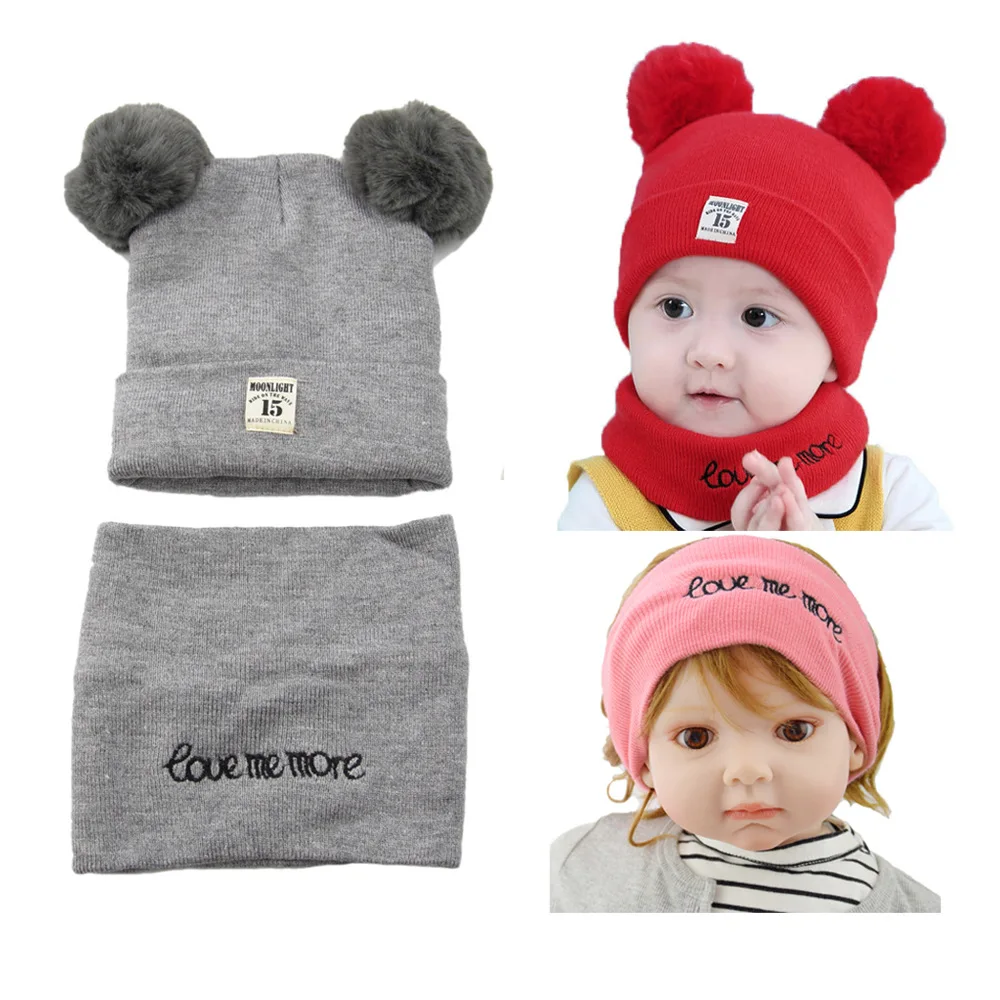 

2pcs Baby Knit Hat Scarf Suit Boy Girl Autumn Winter Warm Kids Beanie Cute Double Pompom Children Child Cap Skullies Beanies Set