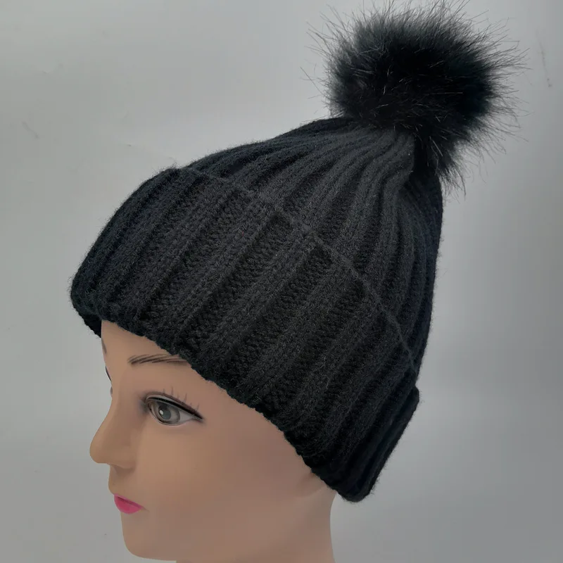 Вязаная шапка с помпоном из искусственного меха для взрослых зимние однотонные
