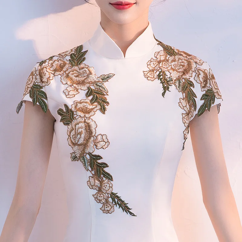 

Dress Everyday Girl Evening Dresses Elegant Short Stand Collar Temperament Improved Cheongsam Slim White Chinese Wedding Robe