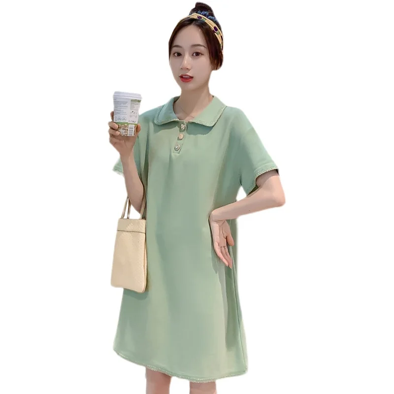 

9385# Summer Casual Cotton Maternity Long Tees Sweet Loose T Shirt Clothes for Pregnant Women Short Sleeve Pregnancy Tops Dress