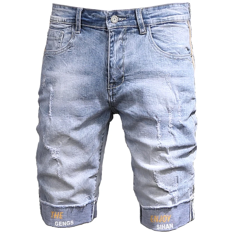 Men Ripped Jeans Shorts Summer Fashion Printed Light Blue Slim Fit Mens Denim Shorts