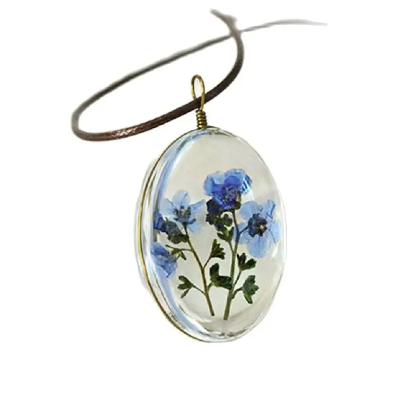

Dried Flower Oval Glass Pendant With 70mm Leather Rope Natural Flower Necklace Jewelry
