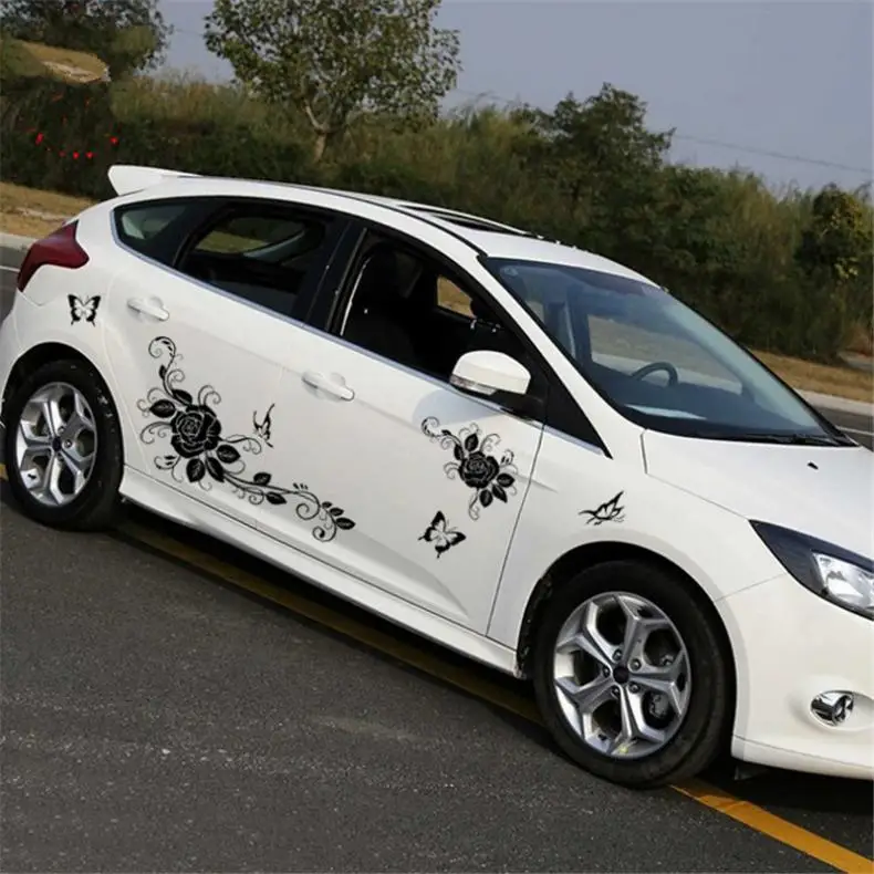 

150CM PVC Black Car Sticker Decals Butterfly Love Flower Rose Totem Personality Car Racing Waist Line Mudguard Side Body Sticker