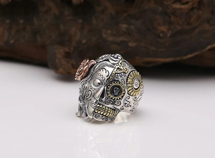 

925 Sterling Silver Half Face Sugar Skull Ring With Rose Flower Carving Vintage Punk Thai Silver Jewelry Personality