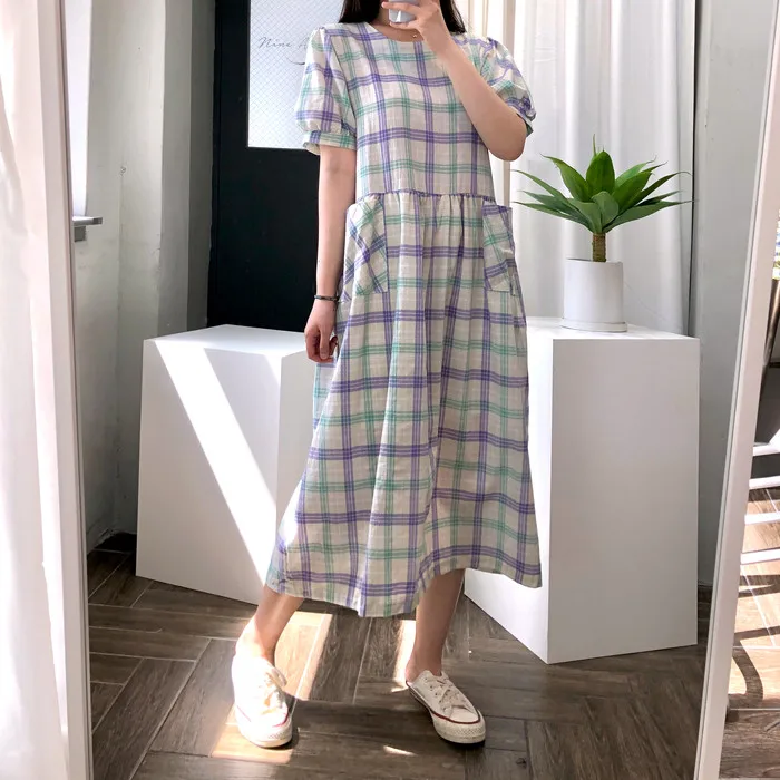 

Korean Ins Summer Retro Contrast Color Check Cute Youth-Looking round Neck Short Sleeve Back Buttoned Design Dress