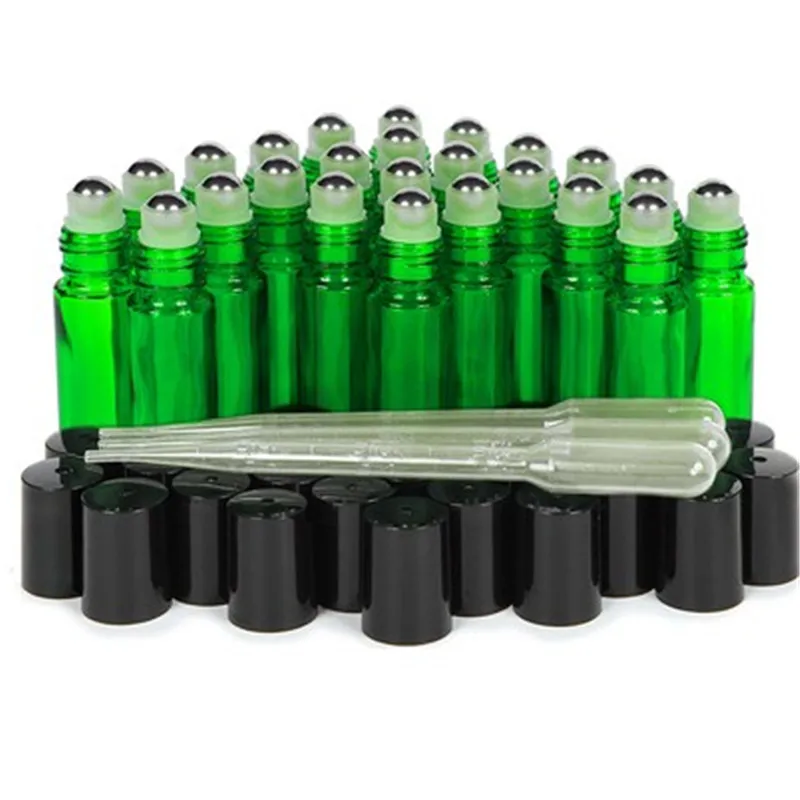 green Metal roll 24, янтарный, 10 мл стеклянный рулон на бутылках с 3-3 мл капельницей для духов ароматизатор со стеклянными роликовыми шариками - Цвет: green Metal roll