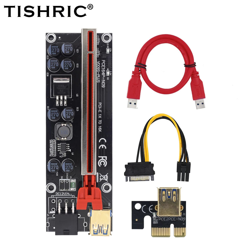 

Плата расширения TISHRIC PCIE Riser 009S PLUS PCI-E 16X, Райзер с графическим процессором PCI Express X16, USB 3,0 на 6PIN PCIE 1X на 16X для майнинга