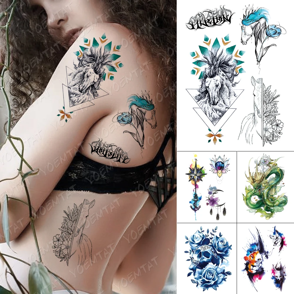 

Waterproof Temporary Tattoo Sticker Horse Animal Geometric Tattoos Line Dragon Lion Body Art Arm Fake Tatoo Women Men