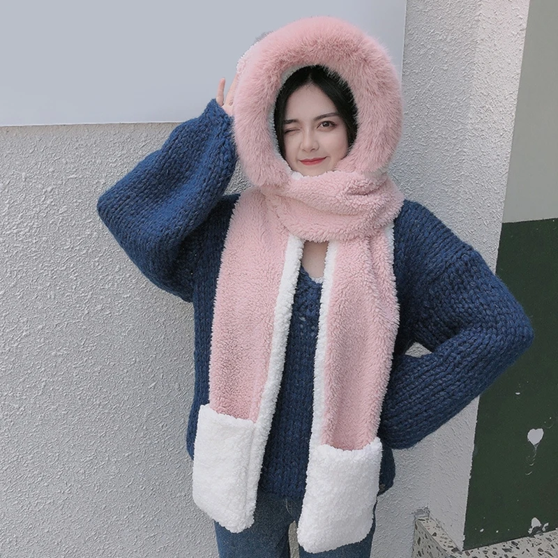 

Women Winter Fuzzy Plush 3 In 1 Hooded Scarf Hat Gloves Set Contrast Color Cartoon Ears Earflap Cap Neck Warmer Mittens