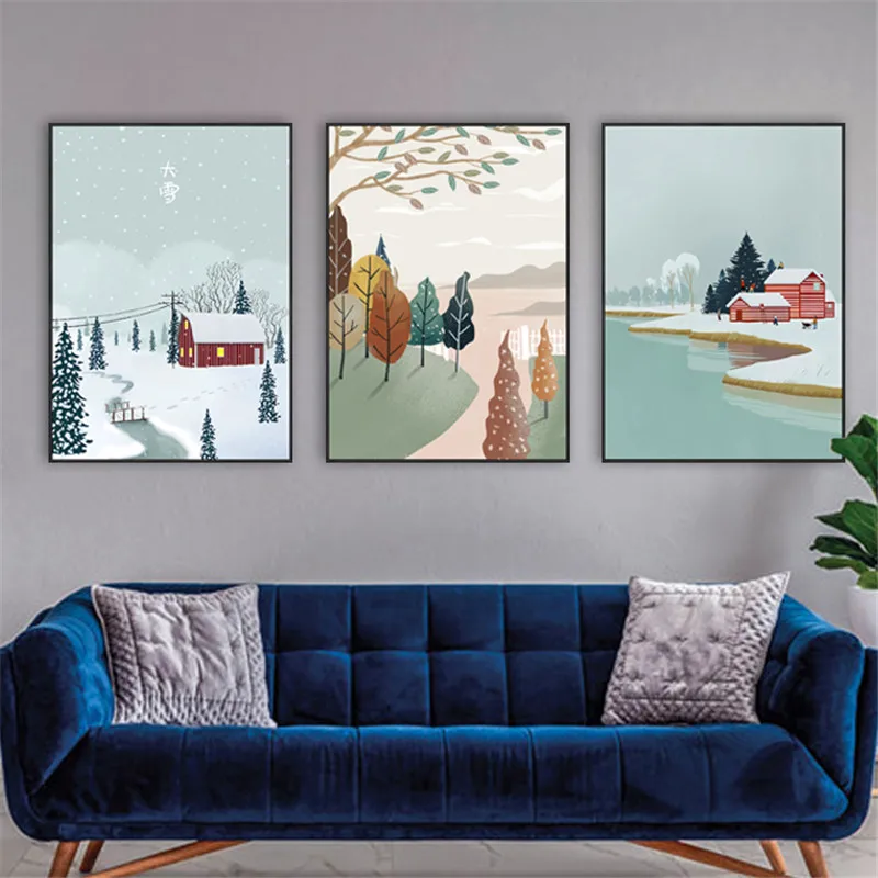 

Abstract Scenery Pink Balloon Bicycle Animals Cat Bird House Snow Canvas Painting Wall Picture Poster Living Room Decoration