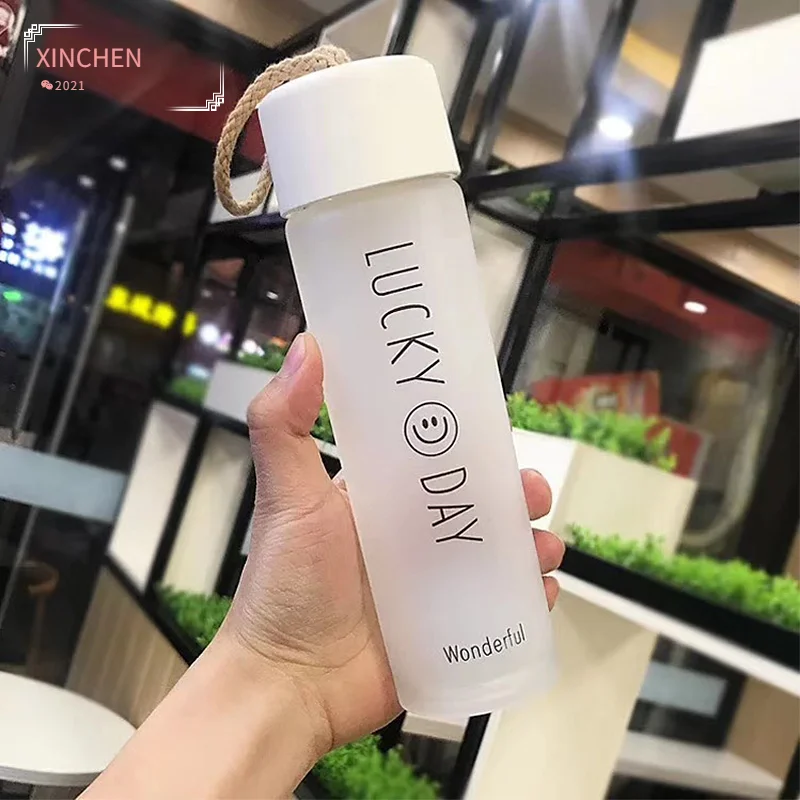

360ml Portable Frosted Glass Water Bottle Drink Bottle Water Container Contracted Smile Bottle-Cup Cups Cover Included