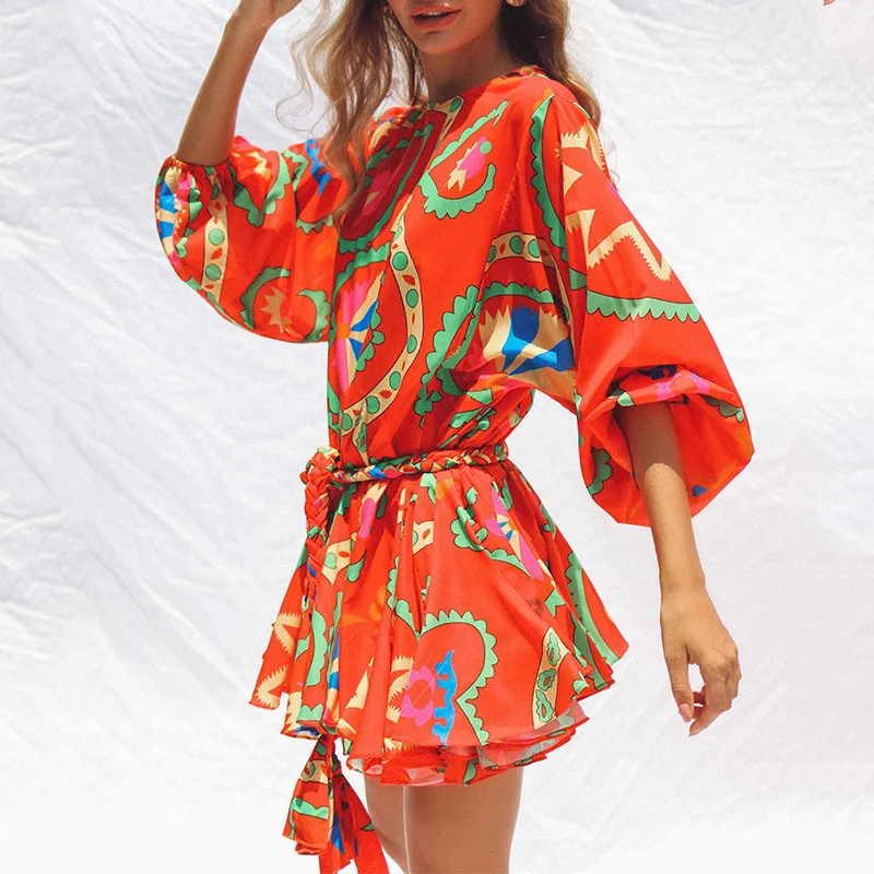 

2021 Casual Design Lace-Up Belt Chic Dress Vintage O Neck Lantern Long Sleeve Mini Dress New Fashion Women Print Party Dress 2XL