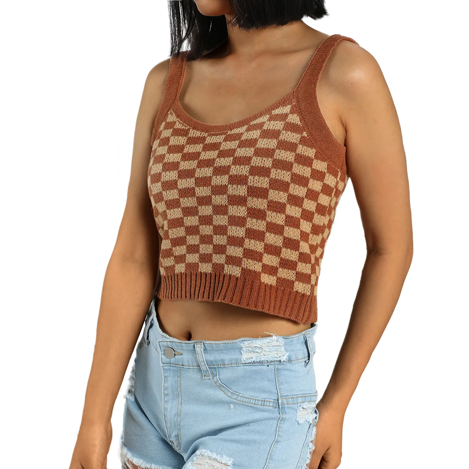 

Women's Knitted Crop Tank Tops Trendy Plaid Print Sleeveless Scoop Neck Stretchy Sexy T-Shirts Spring Autumn New Fashion 2021