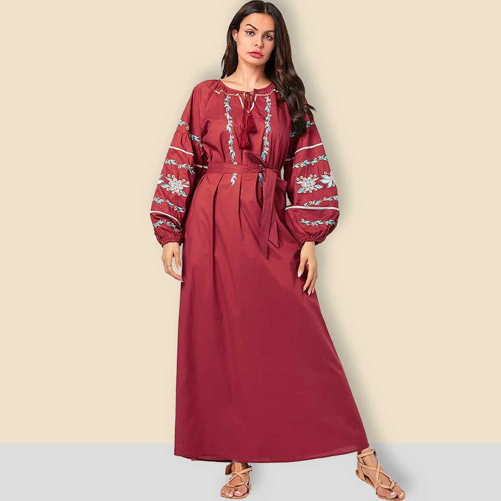 Марокканское мусульманское платье абайя женское с пышными рукавами на шнуровке