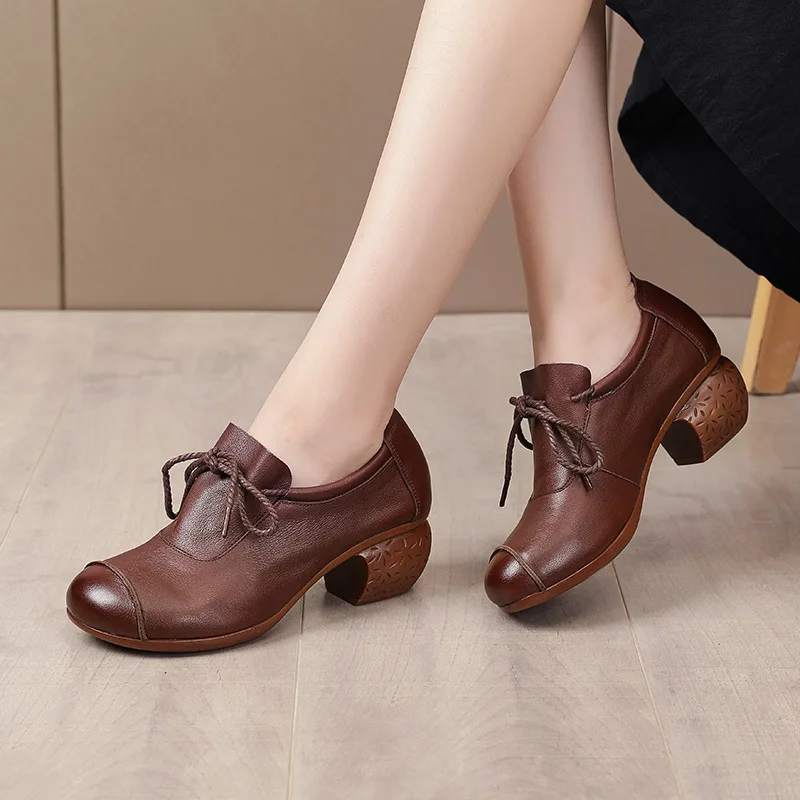 

Mid Block Heel Leather Shoes Women Soft Pumps Retro Ankle Strap Ladies Casual Pumps Women Shoes Comfortable Chinese Style Shoes