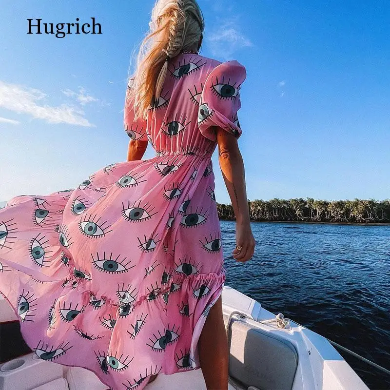 

2021 Wrinkle-free Pink Eyes Chiffon Bikini Cover-ups Sexy Short Sleeve Summer Beach Dress Women Beach Wear Swim Suit