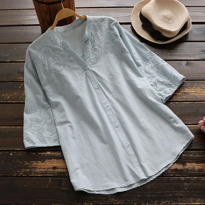 

Summer Women New Plus Size Literary Embroidered V-neck Shirt Cotton Half Sleeve Loose Thin Blouse Women 2020