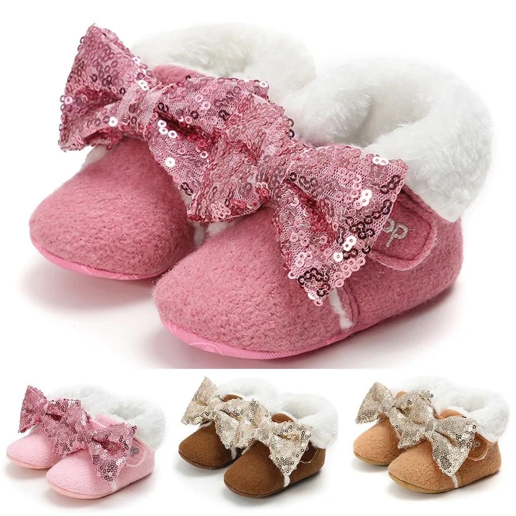 Теплые зимние ботинки с блестками и бантом для маленьких девочек; bootie shoes; Детский костюм; высокое качество