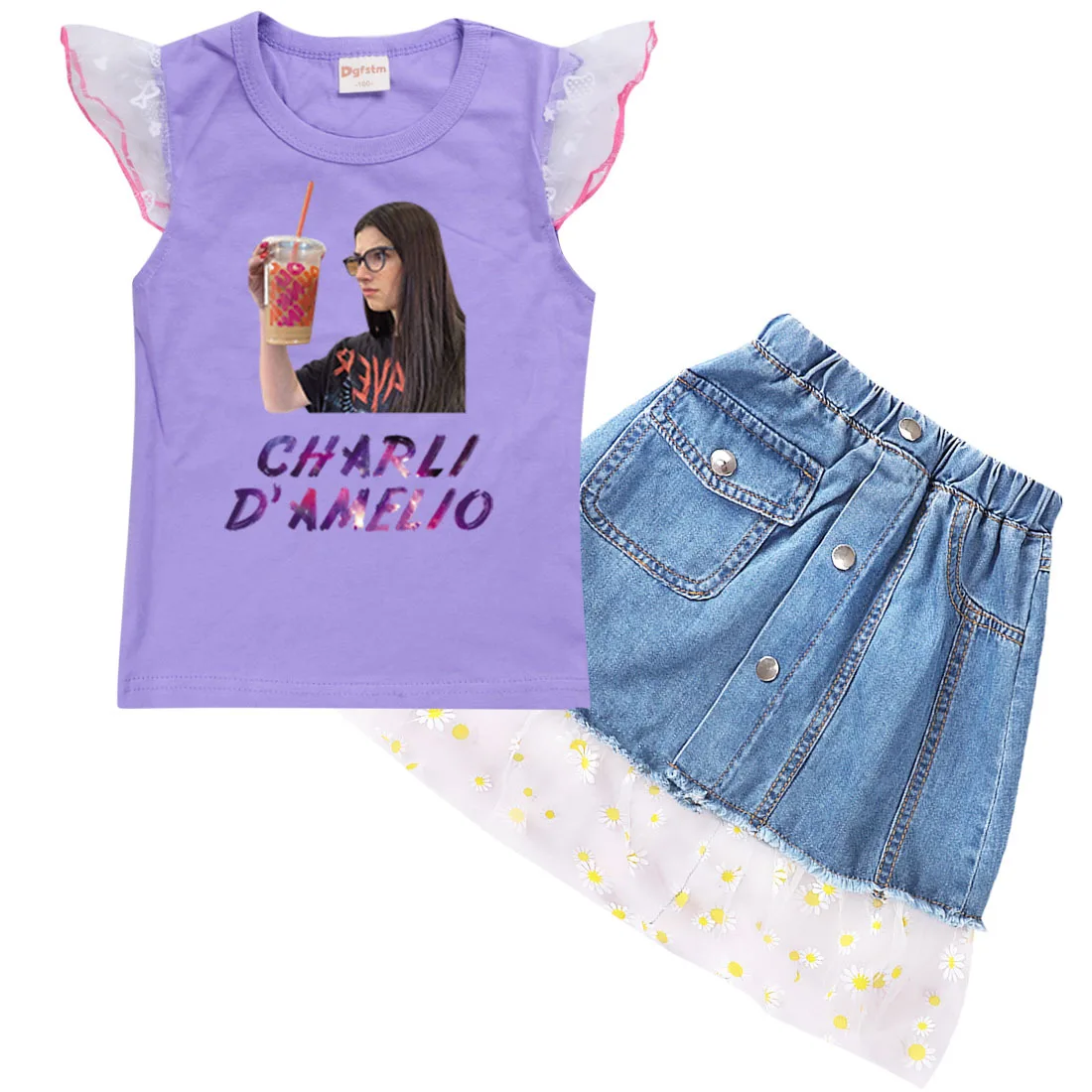 

Fashion Charli Damelio Merch T Shirt Baby Girls Short Sleeves T-shirt Jeans Skirt 2pcs Sets Children Clothing Kids Summer Outfit